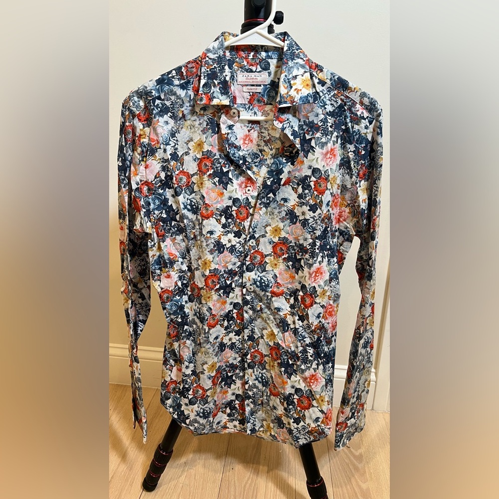Zara Man Slim Fit Floral Button Down Shirt Long Sleeve